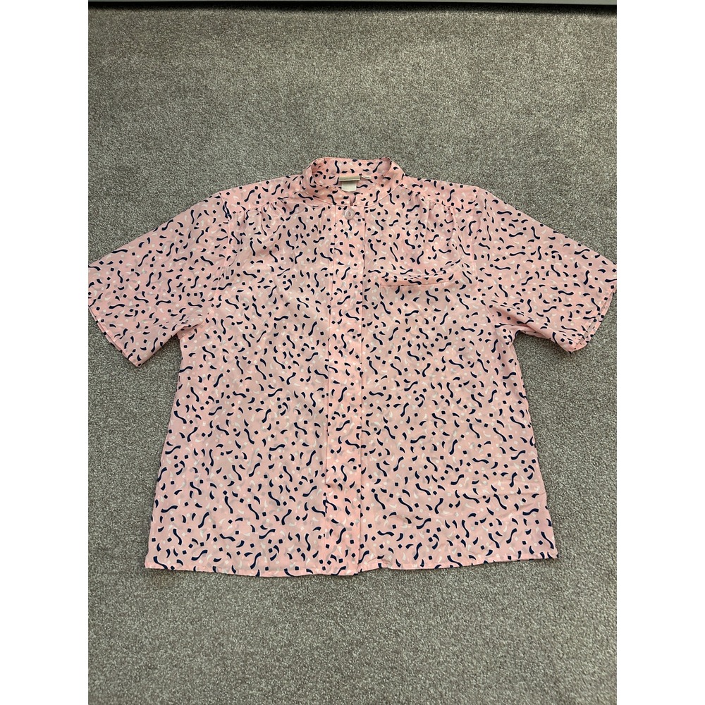 Pykettes Blouse Womens L Pink Confetti Print Excellent Short Sleeve Button Up